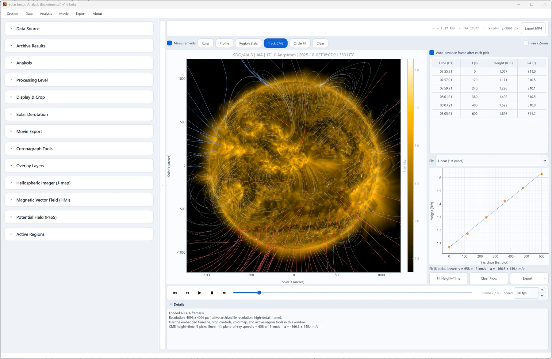 Solar Image Analyzer with SDO imagery, PFSS field lines and a CME height–time plot